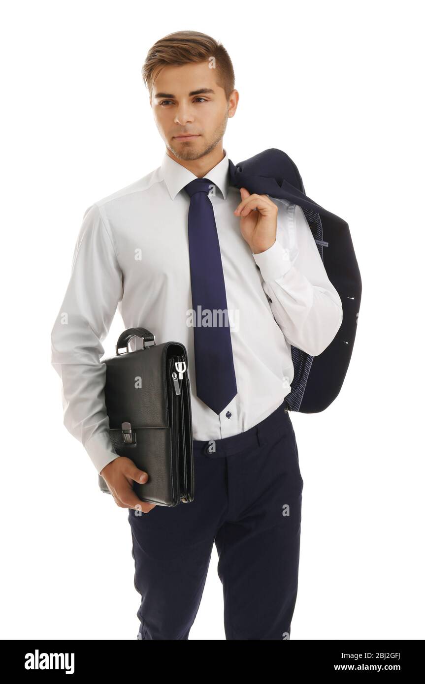 Elegant man in suit with briefcase isolated on white Stock Photo - Alamy