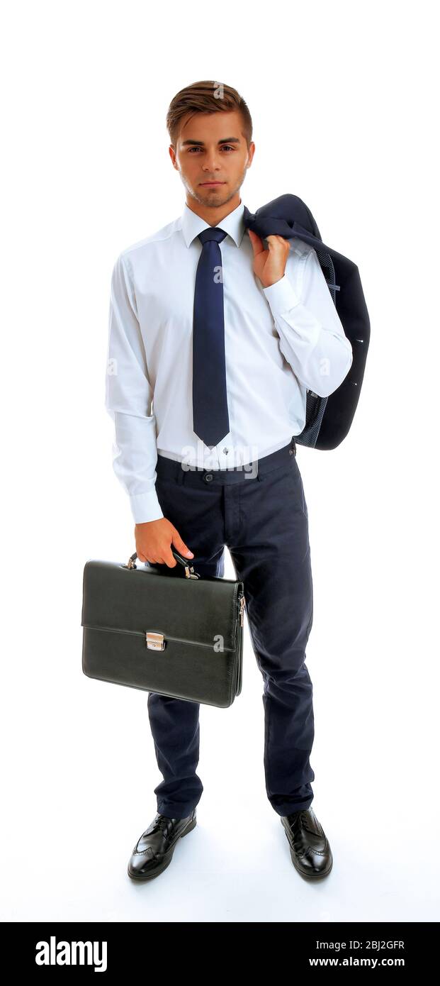 Elegant man in suit with briefcase isolated on white Stock Photo - Alamy