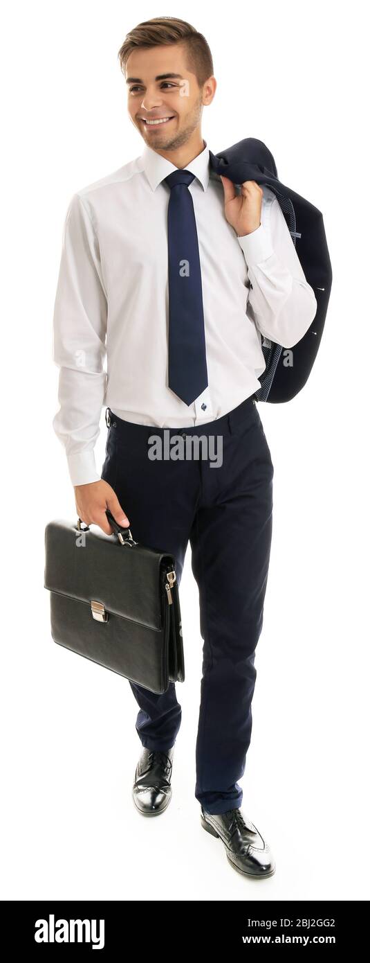 Elegant man in suit with briefcase isolated on white Stock Photo - Alamy