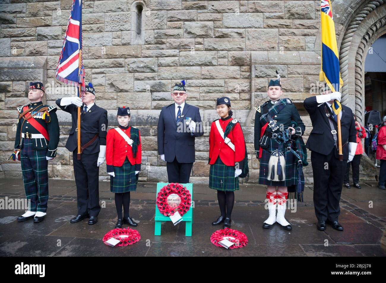 Pupils of Queen Victoria School, Dunlane, Scotland, at Arras Memorial in full uniform. Stock Photo