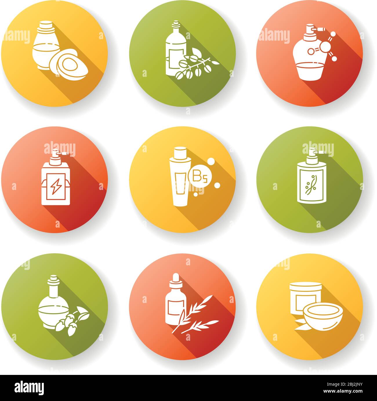 Hair oils flat design long shadow glyph icons set. Hydrolyzed wheat ...