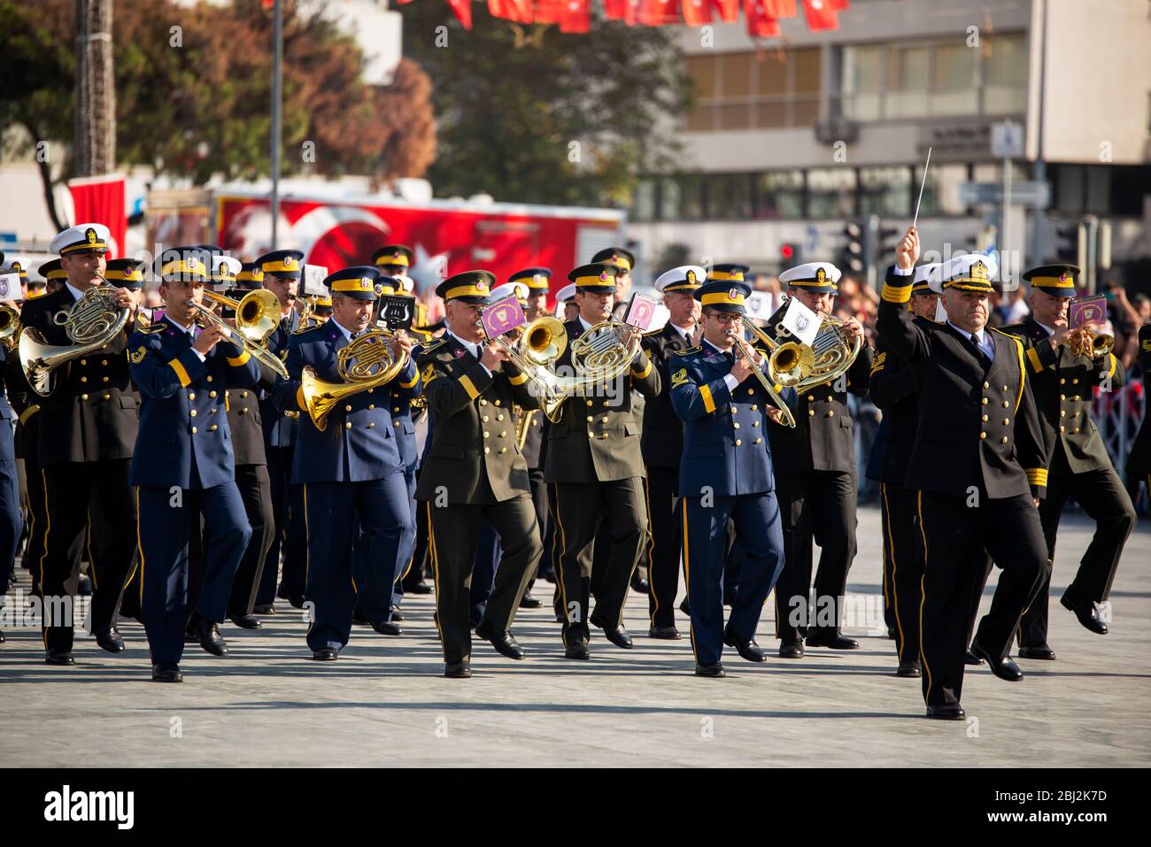 Izmir, Turkey - October 29, 2019: Military band playing Republic Day of Turkey. Alsancak Izmir Turkey. Stock Photo