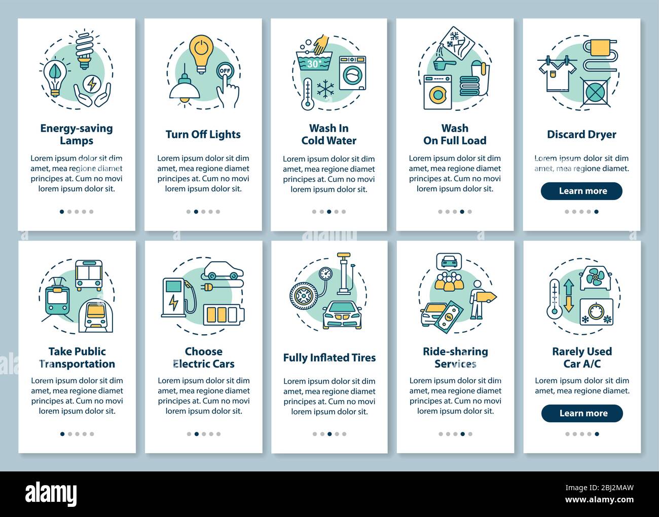 Energy effectiveness onboarding mobile app page screen with concepts set Stock Vector
