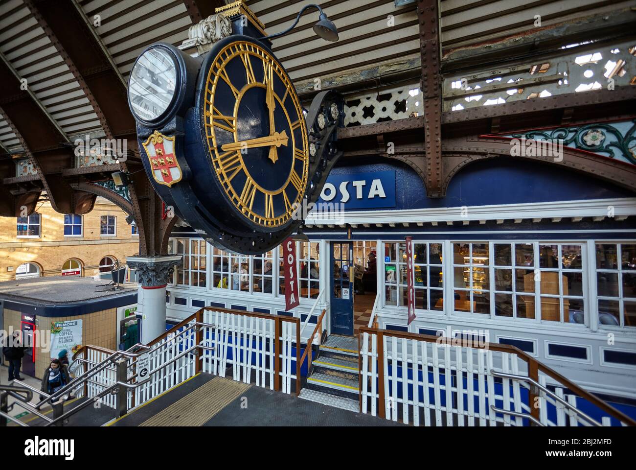 Restaurant at the old Signal Box with clock at the York Railway station. Stock Photo