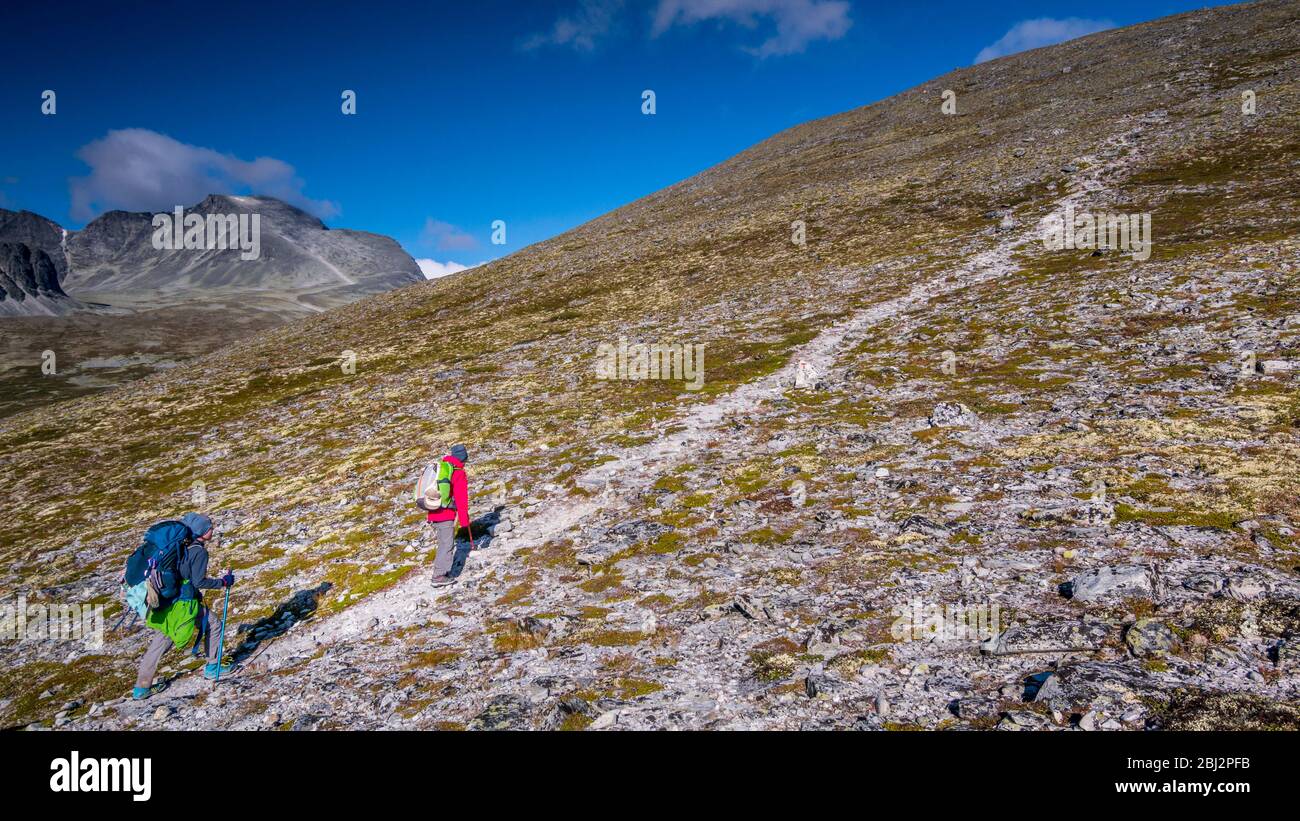 Norway, in the summer, hiking in Rondane National park with children Stock Photo