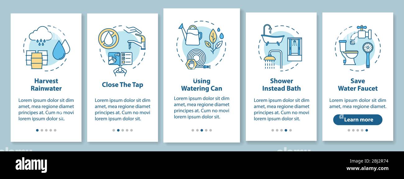 Water saving tips onboarding mobile app page screen with concepts Stock Vector