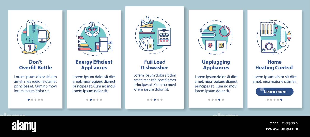 Energy efficiency onboarding mobile app page screen with concepts Stock Vector