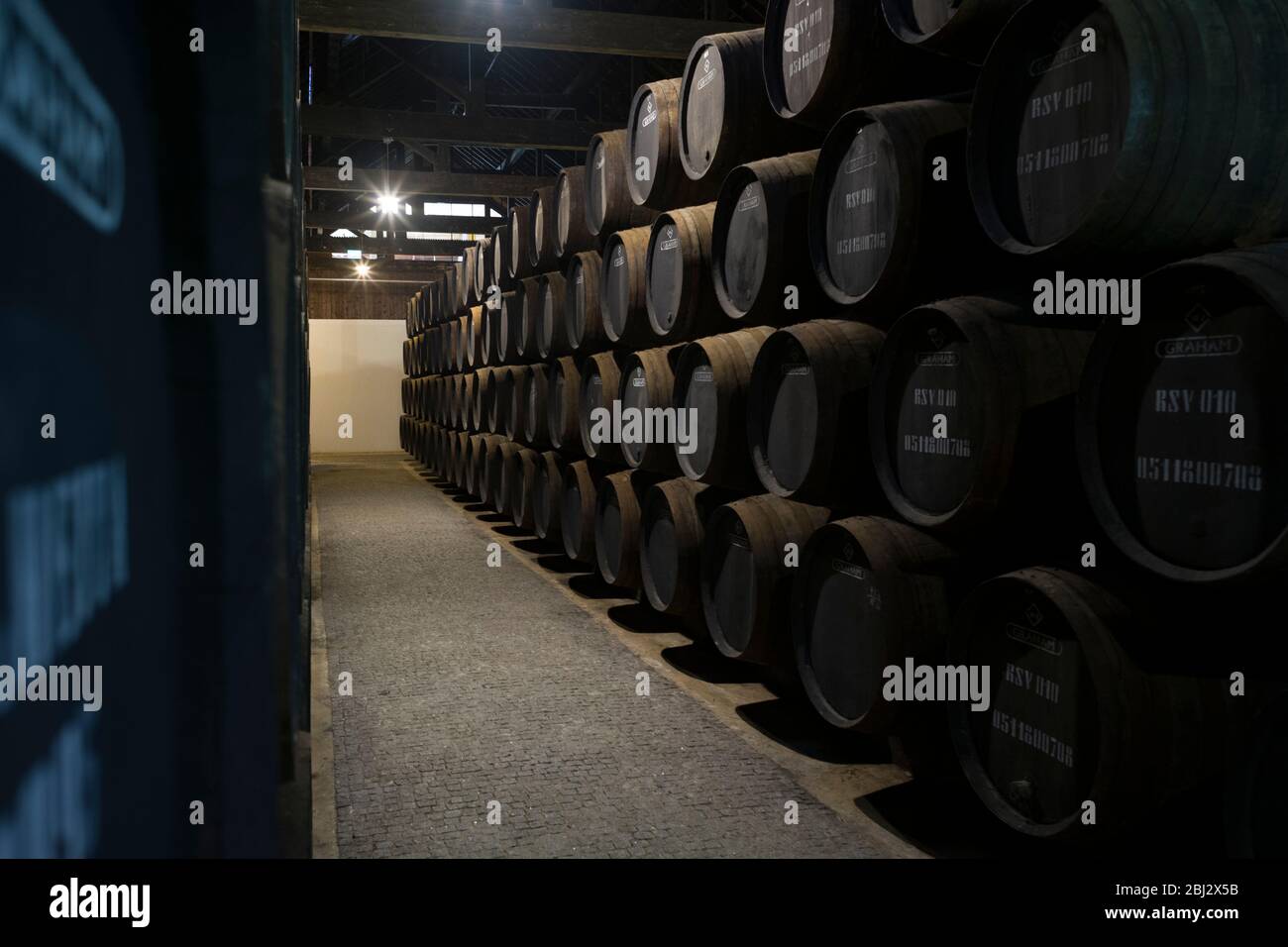 Caskets in port wine cellars at Graham's Port Lodge in V|la Nova de Gaia in Porto, Portugal Stock Photo