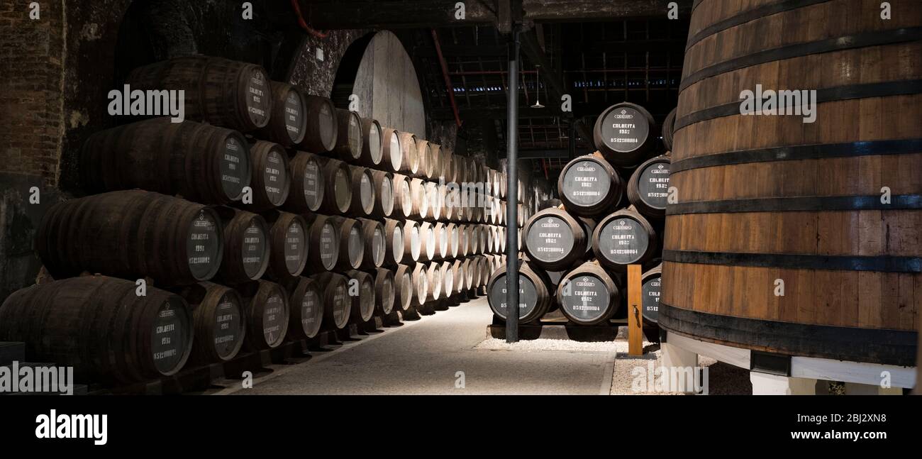 Caskets and vats in port wine cellars at Graham's Port Lodge in V|la Nova de Gaia in Porto, Portugal Stock Photo