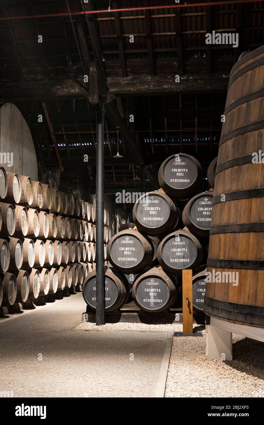Caskets and vats in port wine cellars at Graham's Port Lodge in Vla