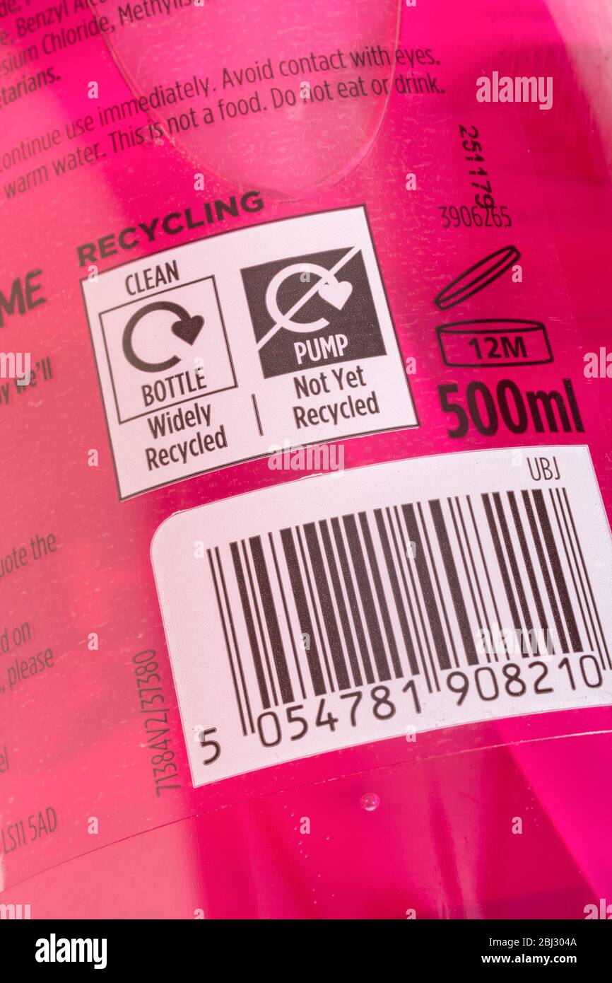 Macro closeup of ASDA hand wash bottle showing plastic recycling