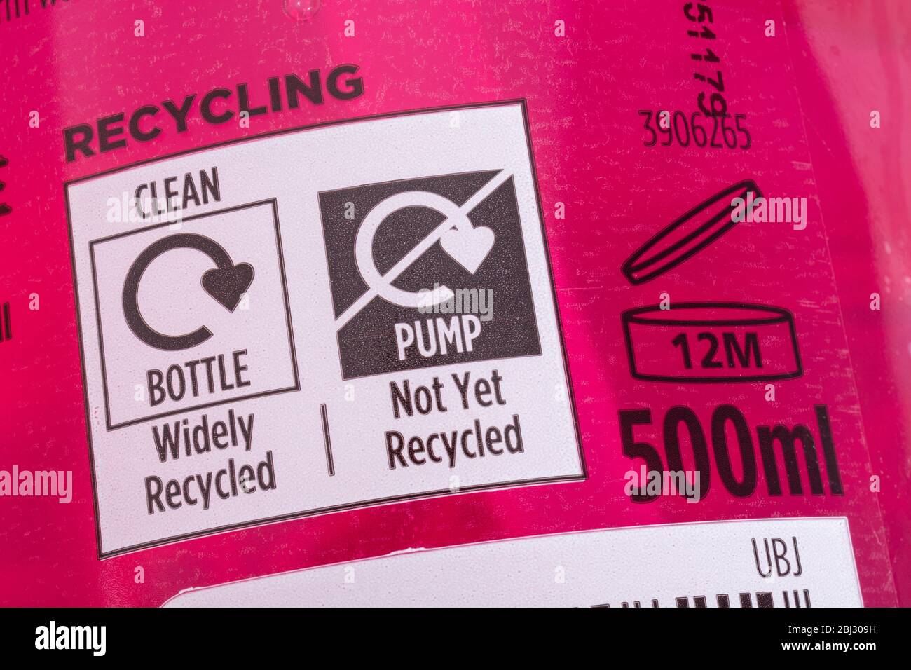 Macro closeup of ASDA hand wash bottle showing plastic recycling