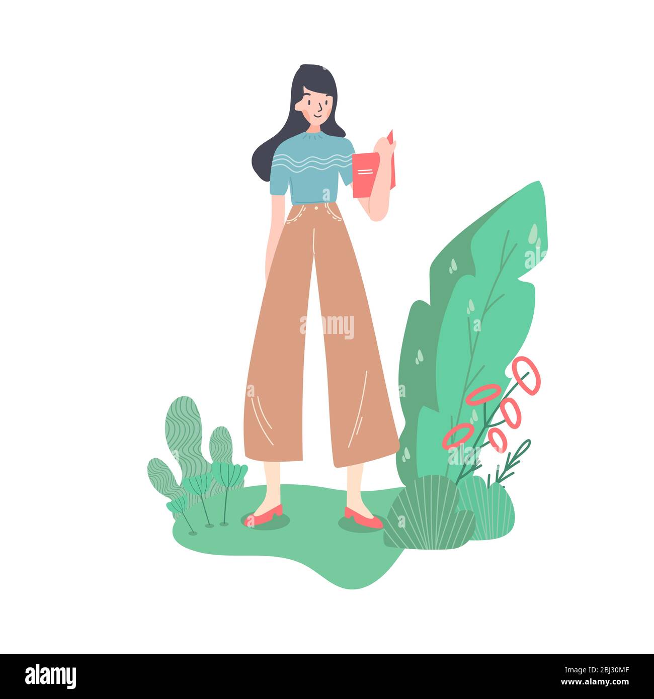 Happy businesswoman in full height. Se is holding the office desk. Interwiewer, worker, designer or anybody. Old fashioned clothes and shoes. Stock Vector