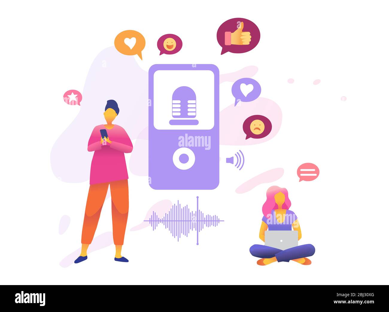 Cartoon icon with audio recording business flat for concept design with characters. Modern style infographic template. Video with likes and smiles icon vector isolated metaphor illustration Stock Vector Image & Art - Cartoon icon with audio recording business flat for concept design with characters. Modern style infographic template. Video with likes and smiles icon vector isolated metaphor illustration Stock Vector Image & Art -
