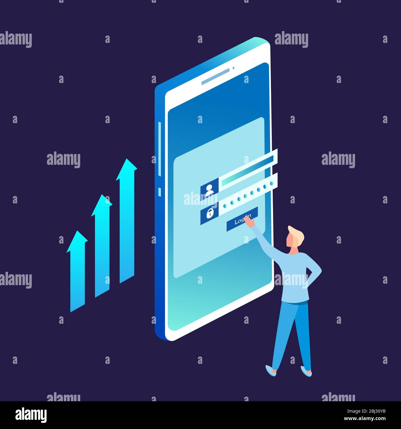 Registration form or login user interface. A man stands in front of inputted secured data. A big mobile screen is full of simple infographic elements. Stock Vector