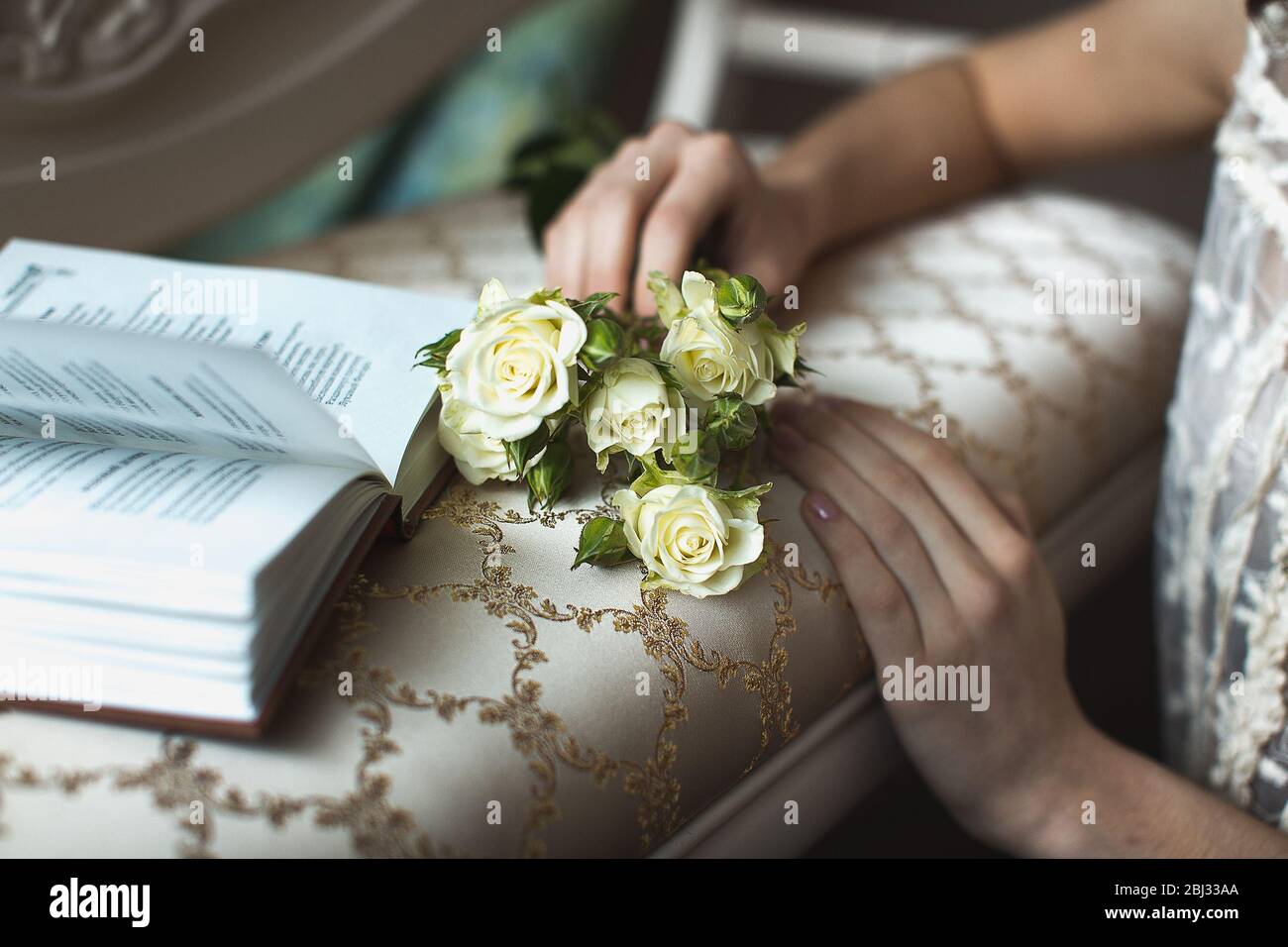Is holding a bouquet white roses in hands of the girl. Read book Stock Photo