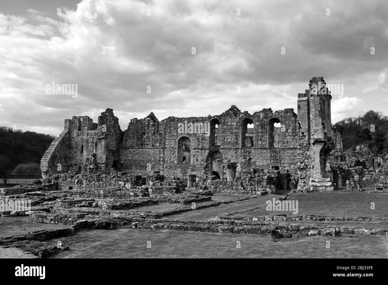 Rievaulx Abbey view of the ruins of the Infirmary and Abbotts House Stock Photo