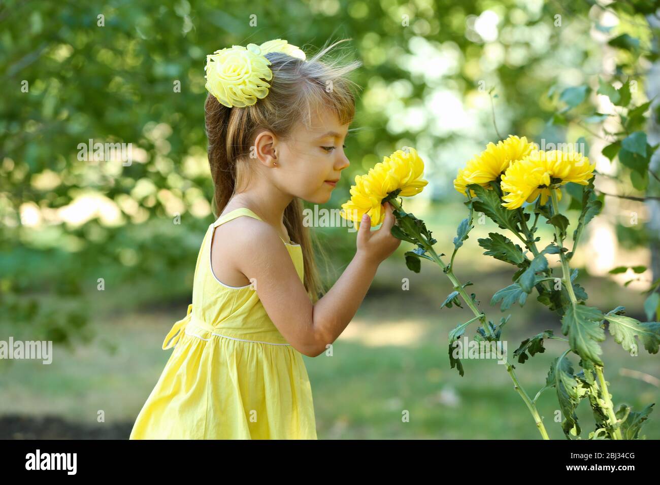Little girl with flowers outside Stock Photo - Alamy