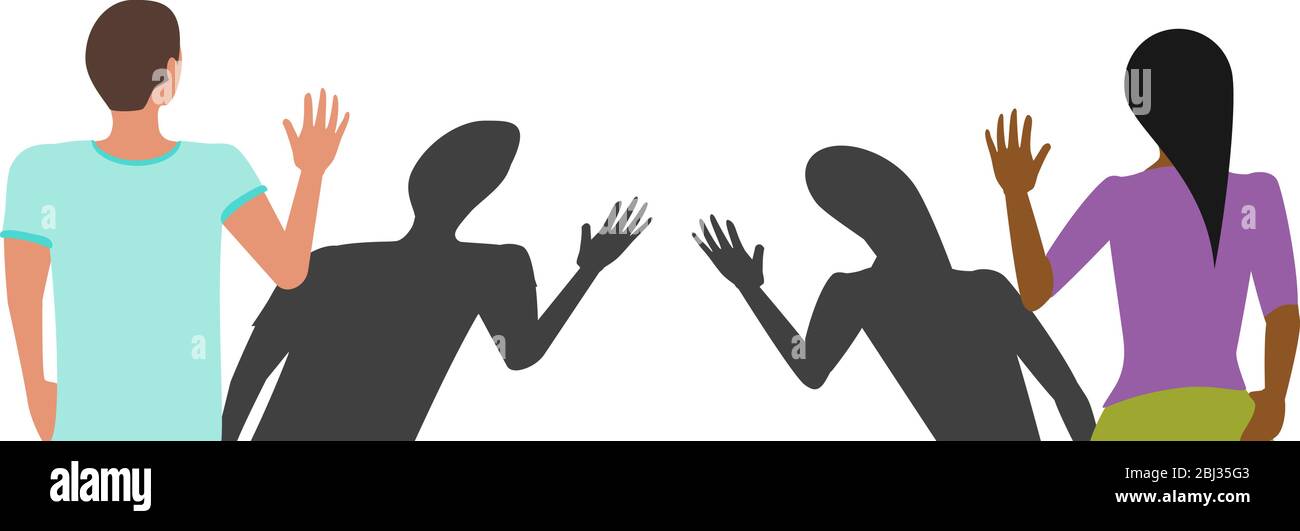 Social distancing greeting concept vector where two people avoid handshakes and keep their distance, but their shadows almost touch, to prevent spread Stock Vector