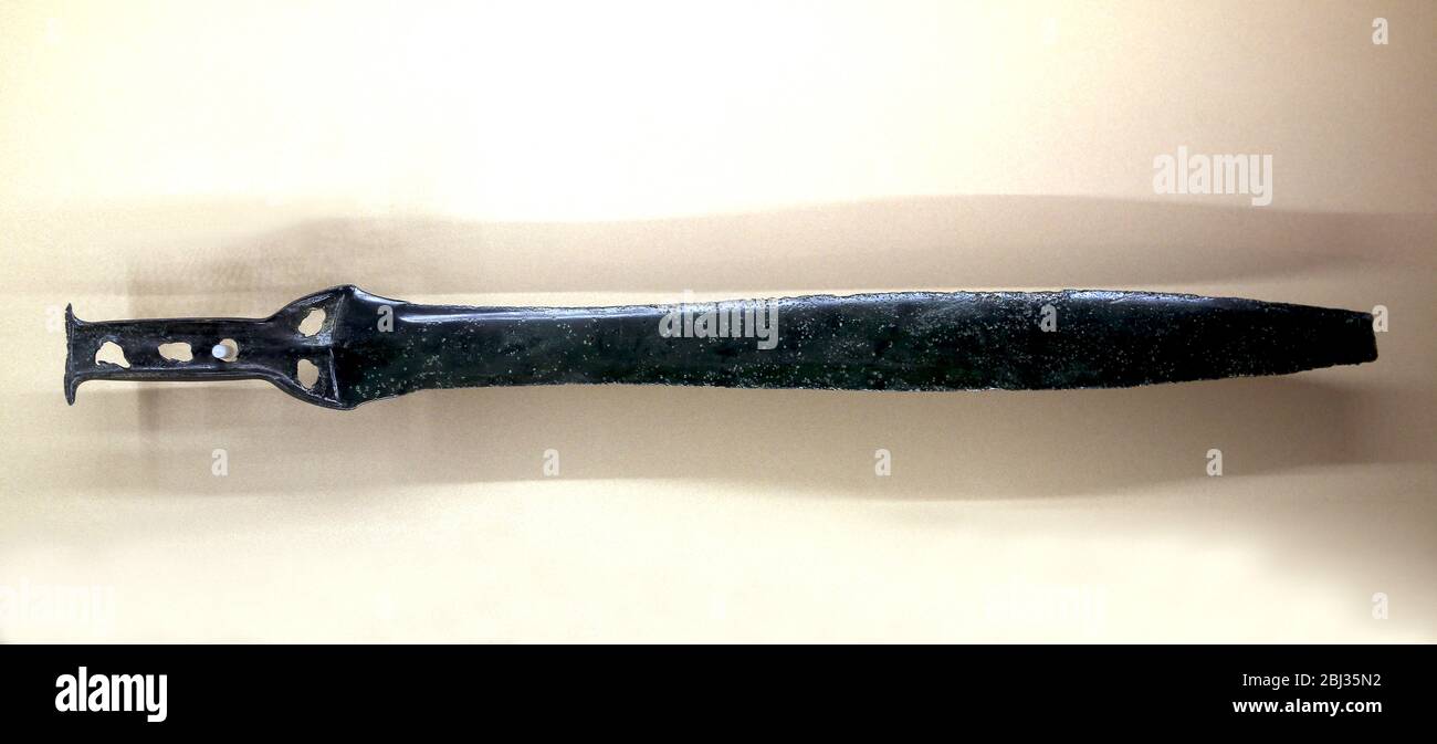 Bronze age sword, leaf shaped. 9th century BC. Bronze. Found in the province of Zaragoza. Archaeology Museum of Catalonia, Barcelona. Stock Photo
