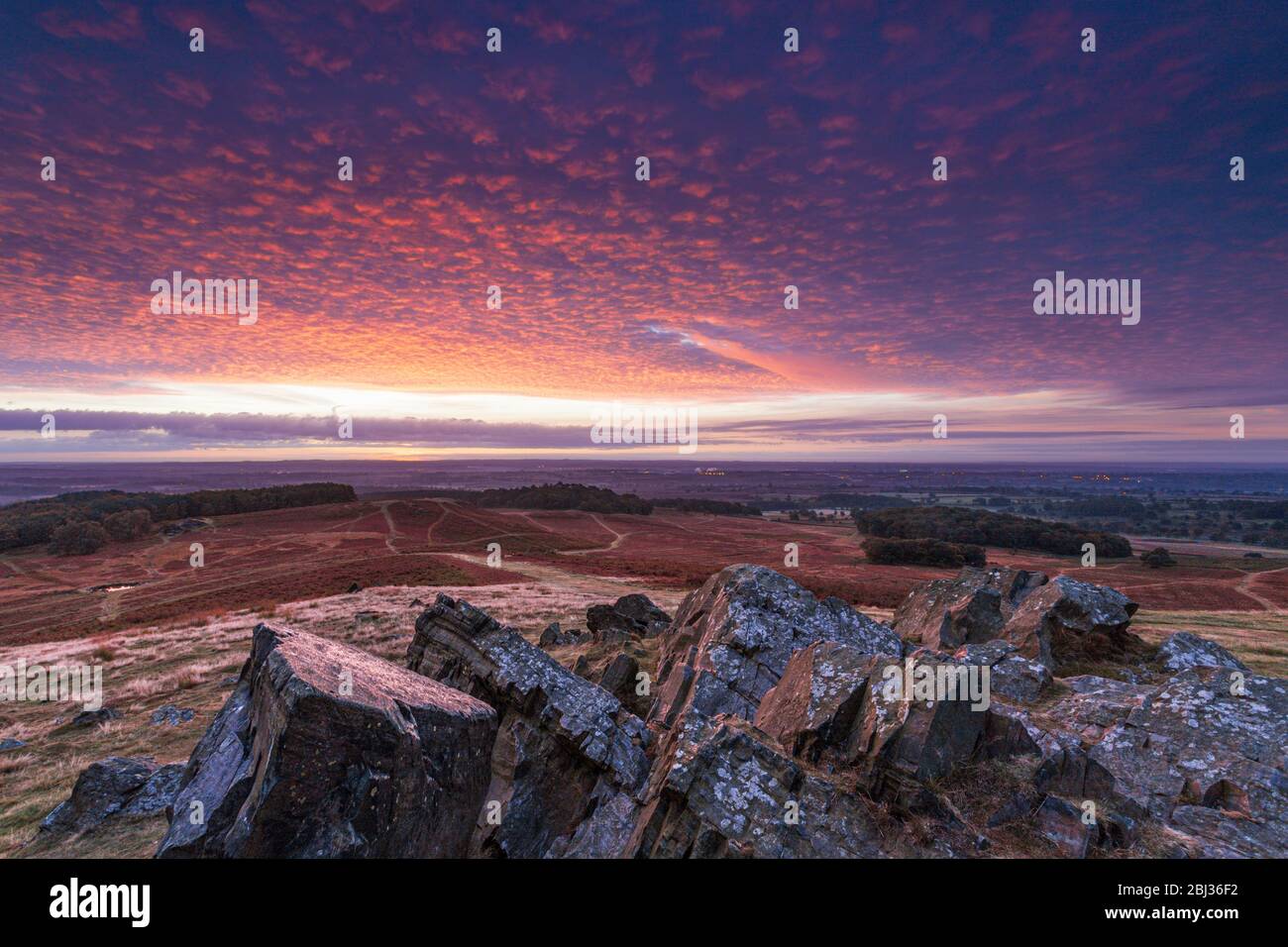 View over Charnwood Forest at sunrise. Stock Photo