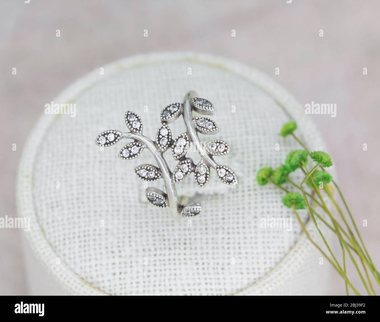 silver ring in the shape of olive leaves decorated with diamonds on display stand Stock Photo