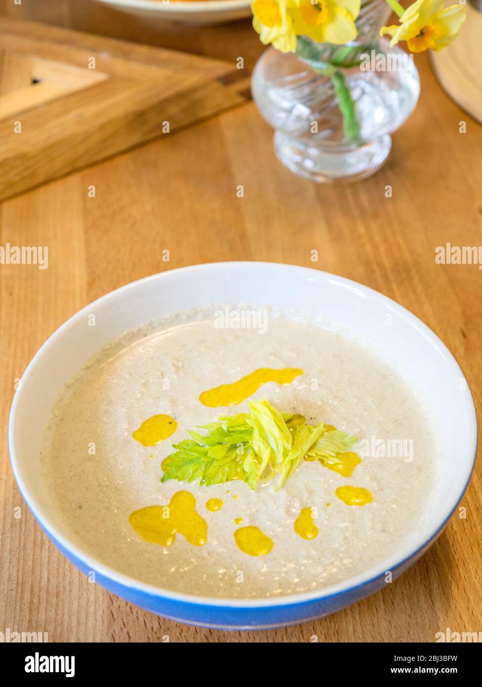 A bowl of chilled celery soup made with Waldorf salad ingredients drizzled with rapeseed oil with a celery leaf garnish Stock Photo