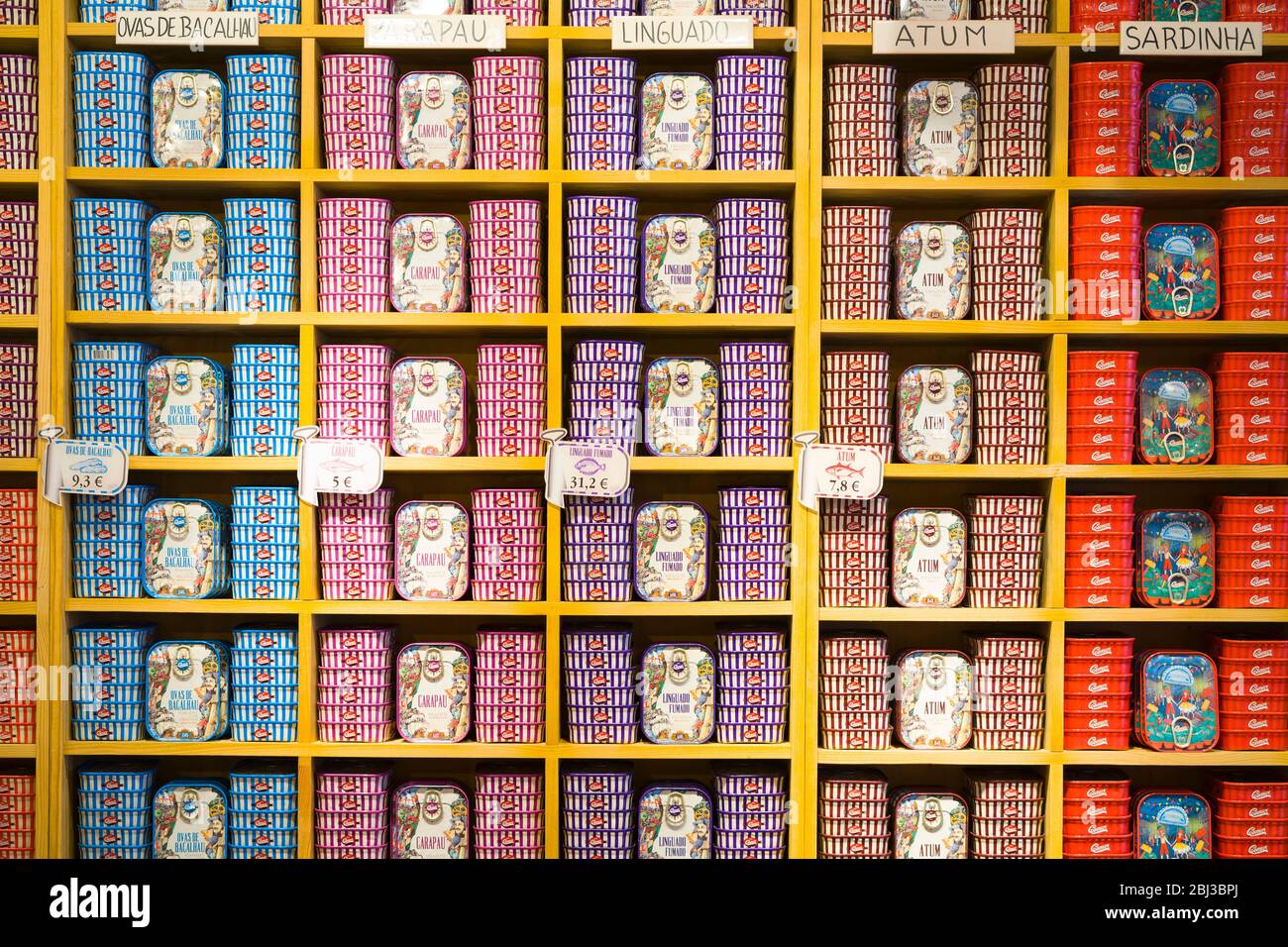 Traditional canned fish mackerel, tuna, sardines, cod roe, stacked on ...