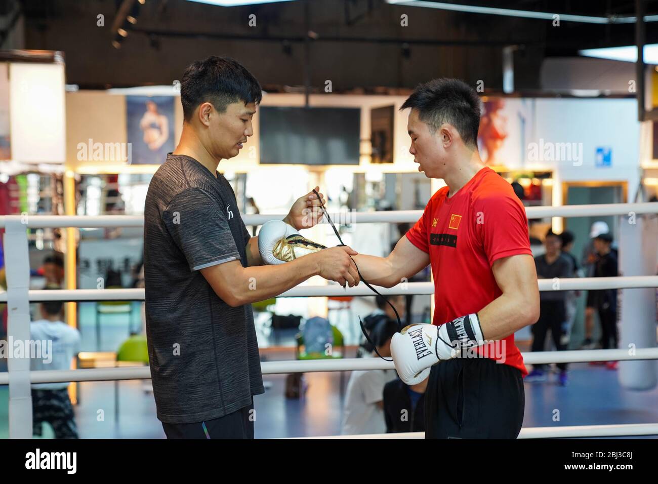 Kunming China S Yunnan Province 28th Apr Wba Featherweight World Champion Xu Can R Of China Wears His Boxing Gloves With The Help Of His Coach Ren Hongbao Prior To A Training