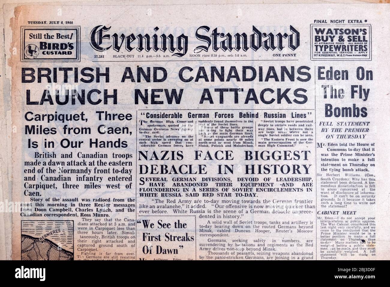 'British And Canadians Launch New Attacks' 'Nazis Face Biggest Debacle in History ' Evening Standard WW2 newspaper headline  4 July 1944  London  UK Stock Photo
