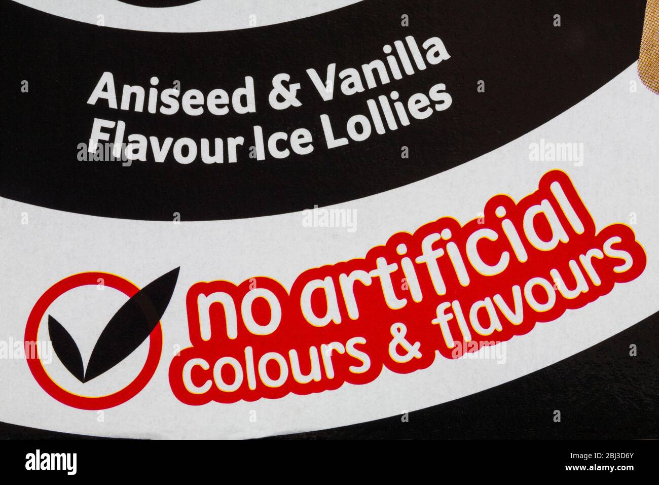 No artificial colours & flavours detail on box of Barratt Black Jack aniseed & vanilla flavour ice lollies Stock Photo