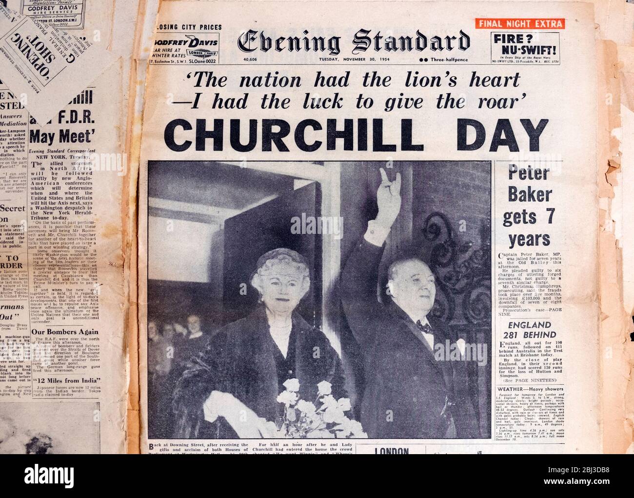 Sir Winston Churchill and Clementine Churchill on 'Churchill Day' front page Evening Standard newspaper headline 30 November 1954 in London England UK Stock Photo