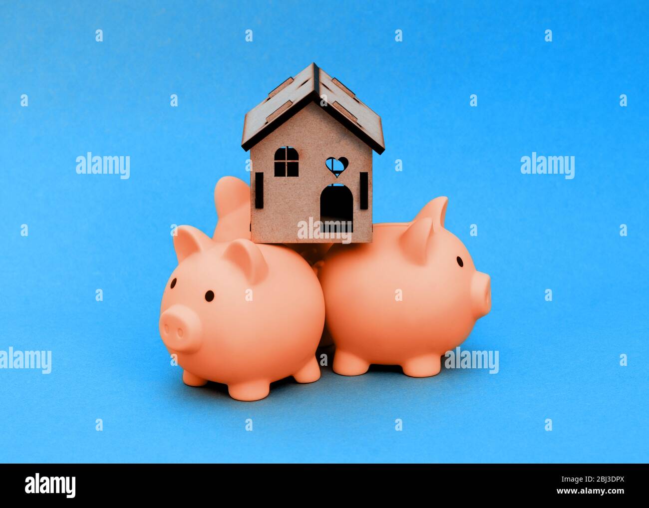 Three pink piggy banks with the house on their back isolated against a
