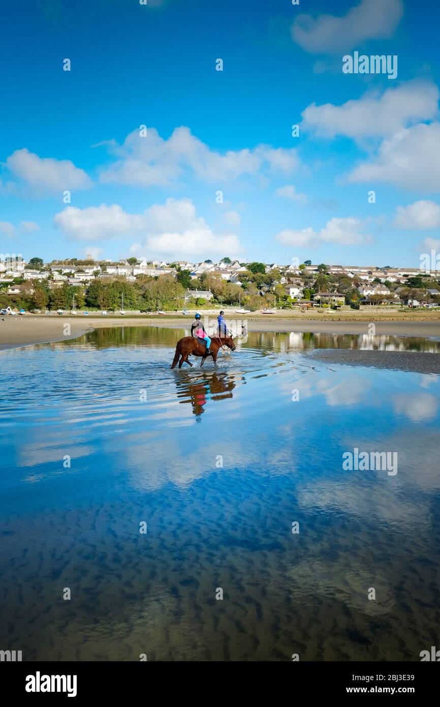 Pony trekking at low tide on the Gannel Estuary in Newquay in Cornwall. Stock Photo