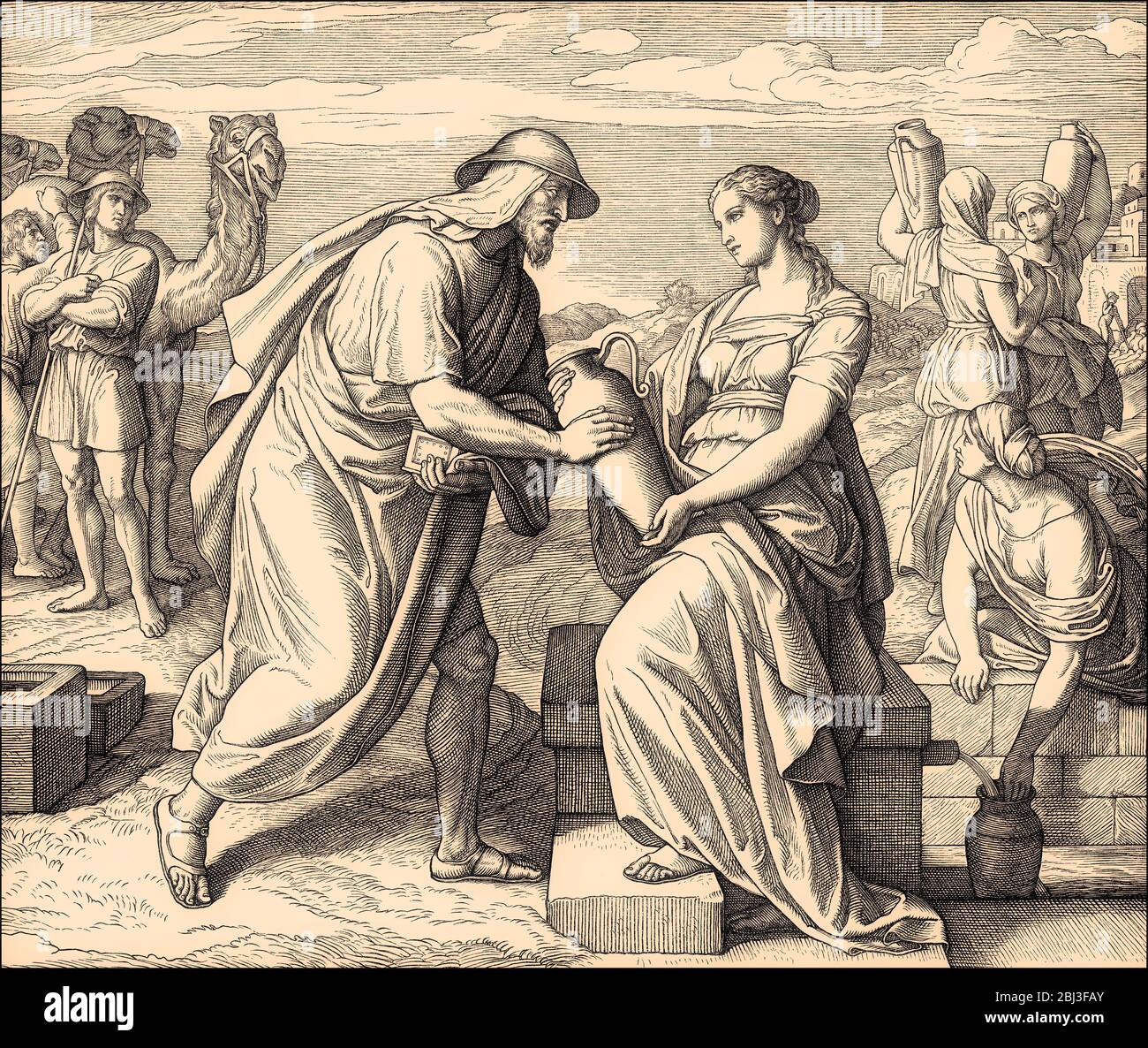 Eliezer and Rebekah at the well, Old Testament, by Julius Schnorr von Carolsfeld, 1860 Stock Photo