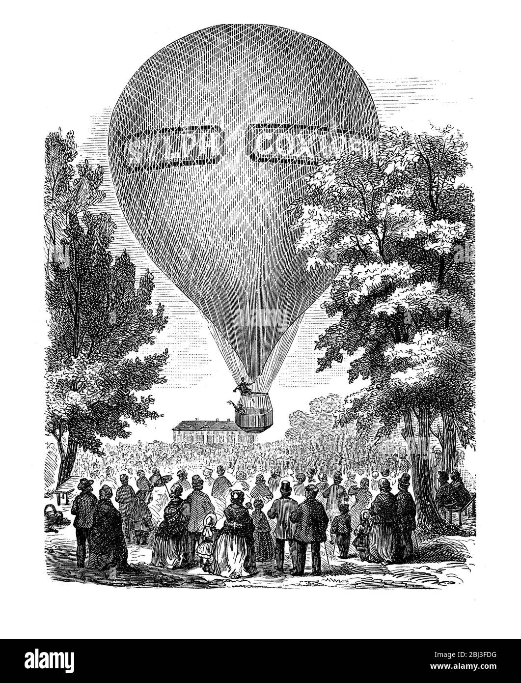 1850 - Departure in Leipzig of the Sylph, hot air balloon of Henry Tracey Coxwell ( 1819 - 1900) English aeronaut Stock Photo