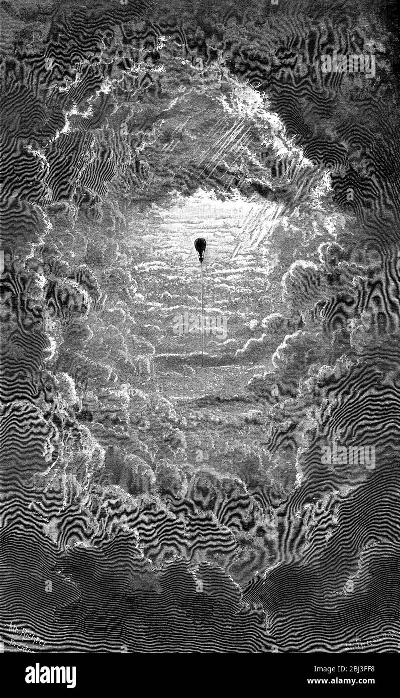 Aerostatic balloon flight in a tunnel of clouds, engraving by Ludwig Richter ( 1803  - 1884) Stock Photo