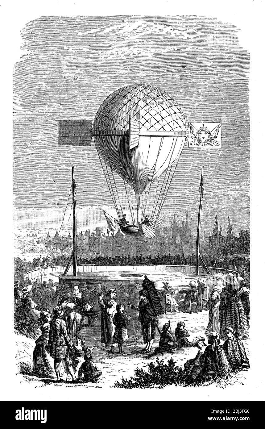 First flight with a dirigible balloon at Dijon mounted by the Abbe' Berteaux and Louis-Bernard Guyton-Morveau, French chemist and aeronaut, year 1784 Stock Photo
