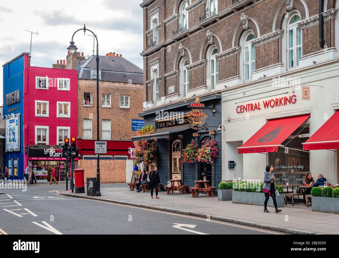 London / UK - September 9 2015: The junction of Bayley st. and Tottenham Court Road, with restaurants, pubs and cinemas Stock Photo