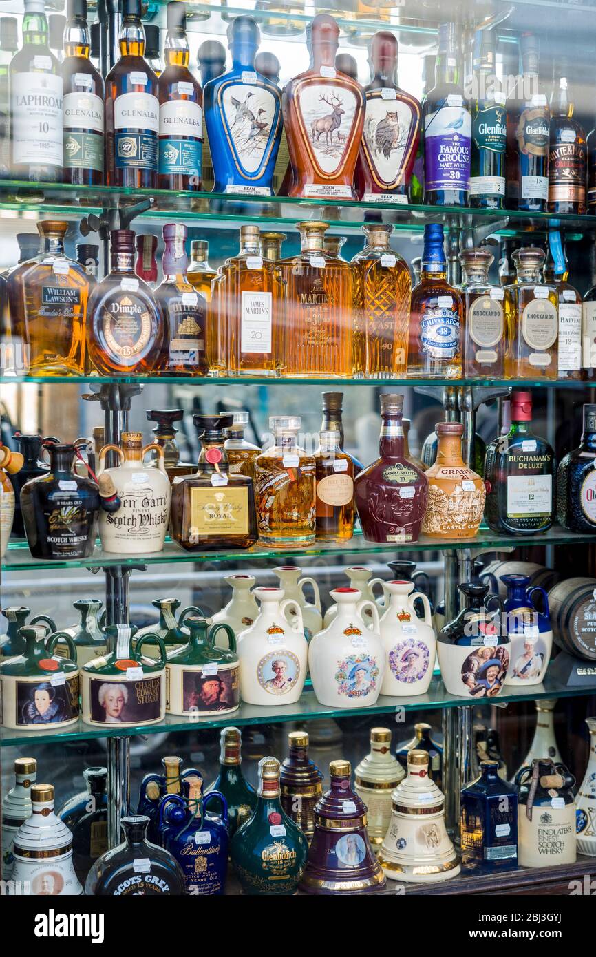 Bottles of Scotch Whisky on display for sale at famous Manual Tavores