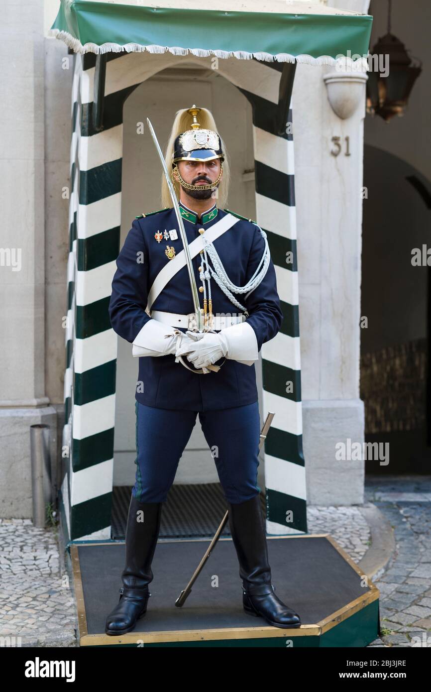 Sentry in ceremonial uniform at National Republican Guard Museum - Guarda Nacional Republicana Comando-Geral da GNR in Lisbon, Portugal Stock Photo