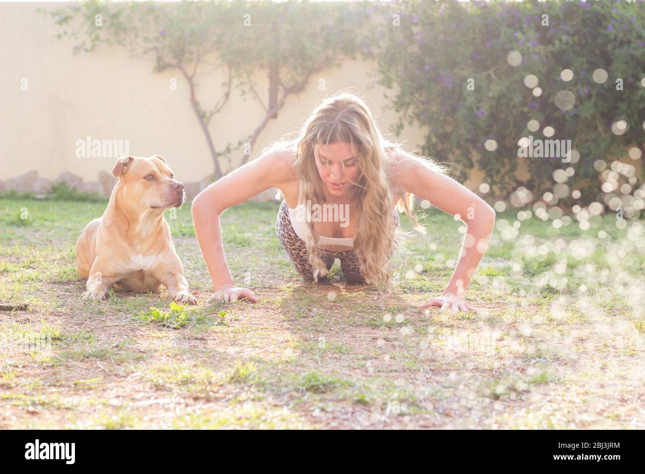 Young woman workout exercising with her dog outdoors Stock Photo