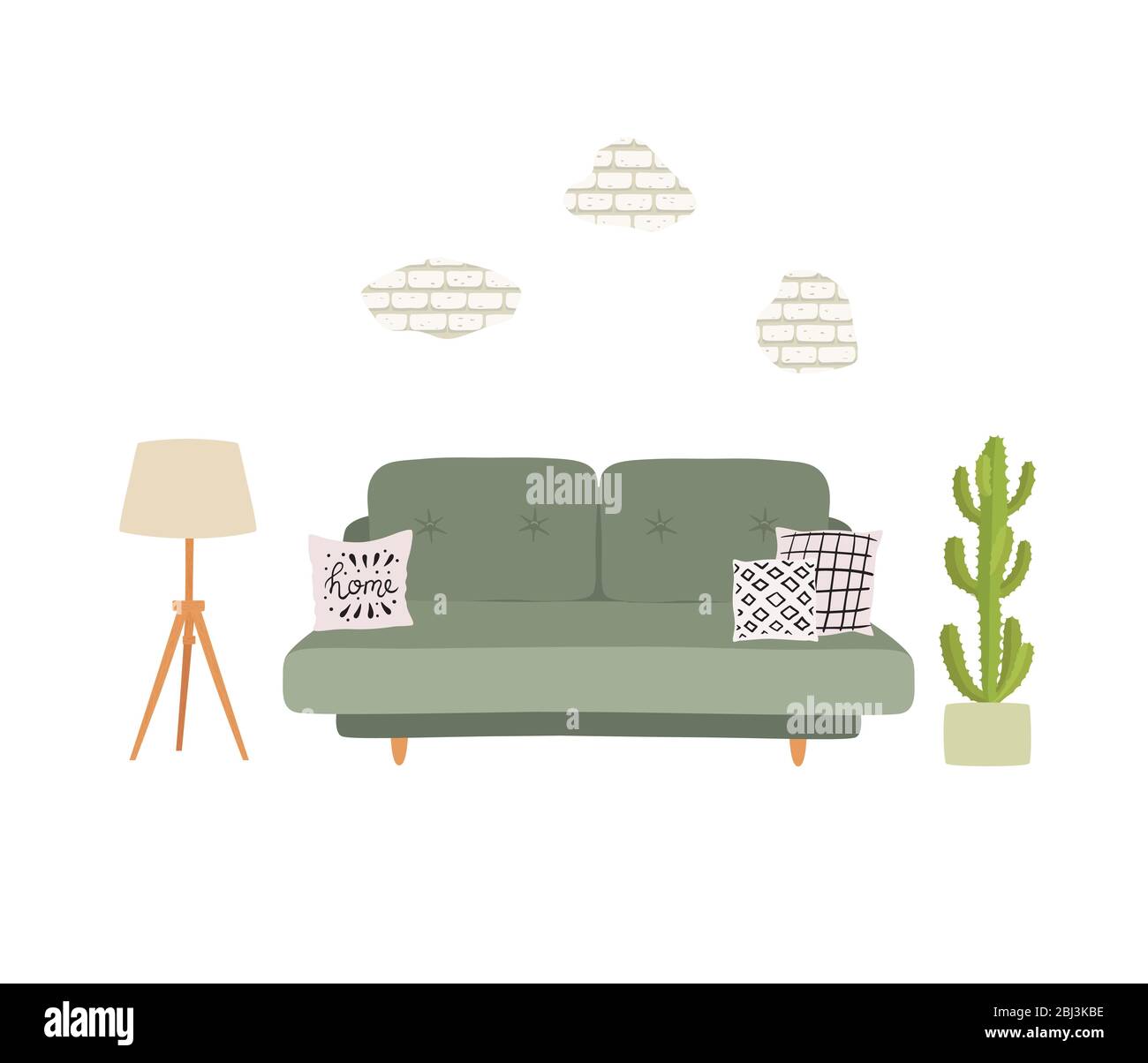 Living room interior with grey sofa, pillows, plant and torchere. Stock Vector