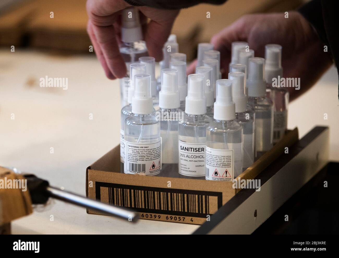 Hand sanitiser that has been produced inside Pickering's Gin distillery at Edinburgh's Summerhall which is a community of small businesses and creatives that have had to adapt and innovate during the coronavirus outbreak. Stock Photo