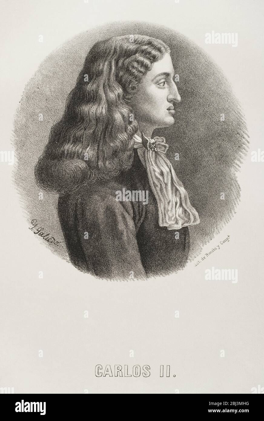 Charles II, the Bewitched (1661-1700). King of Spain. Portrait. Illustration by Salcedo. Lithography. Cronica General de España. Historia Ilustrada y Descriptiva de sus Provincias. Galicia, 1866. Stock Photo