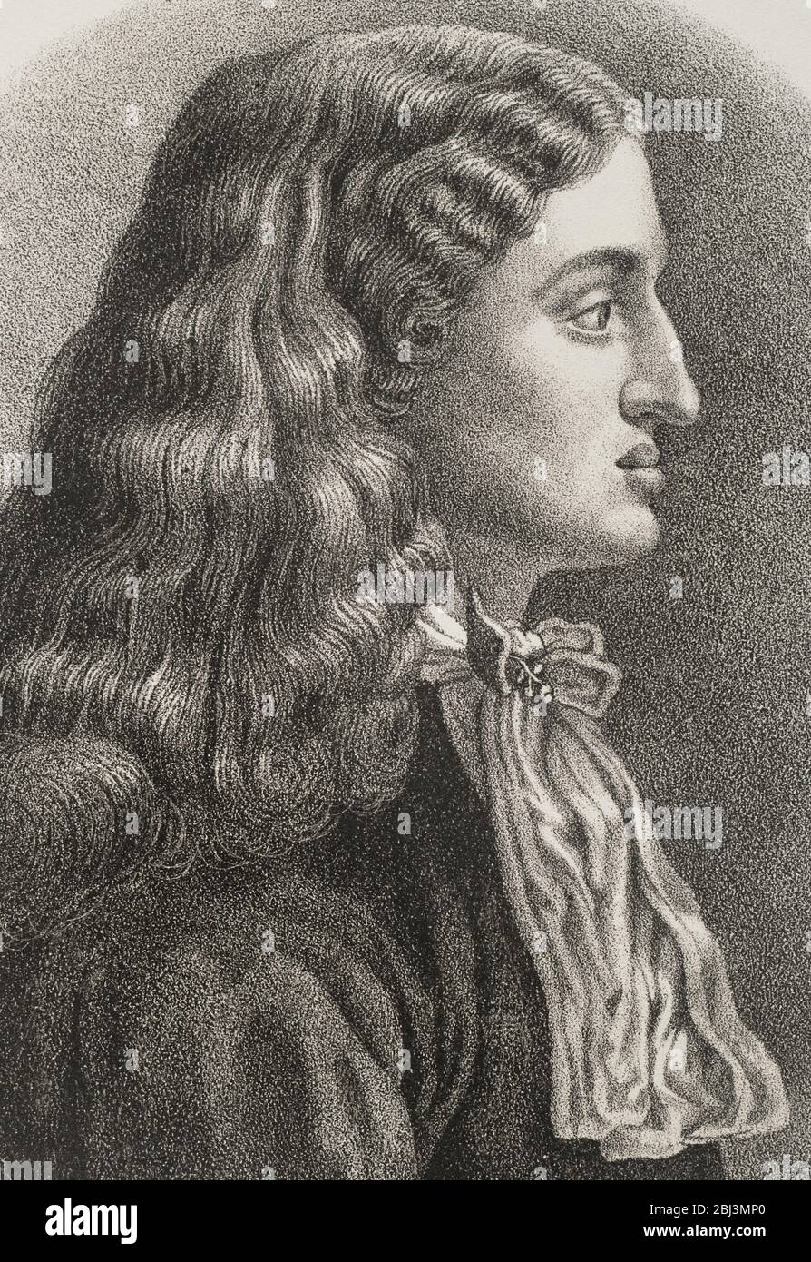 Charles II, the Bewitched (1661-1700). King of Spain. Portrait, detail. Illustration by Salcedo. Lithography. Cronica General de España. Historia Ilustrada y Descriptiva de sus Provincias. Galicia, 1866. Stock Photo