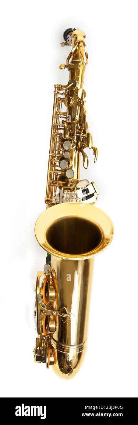 Golden saxophone isolated on white background Stock Photo