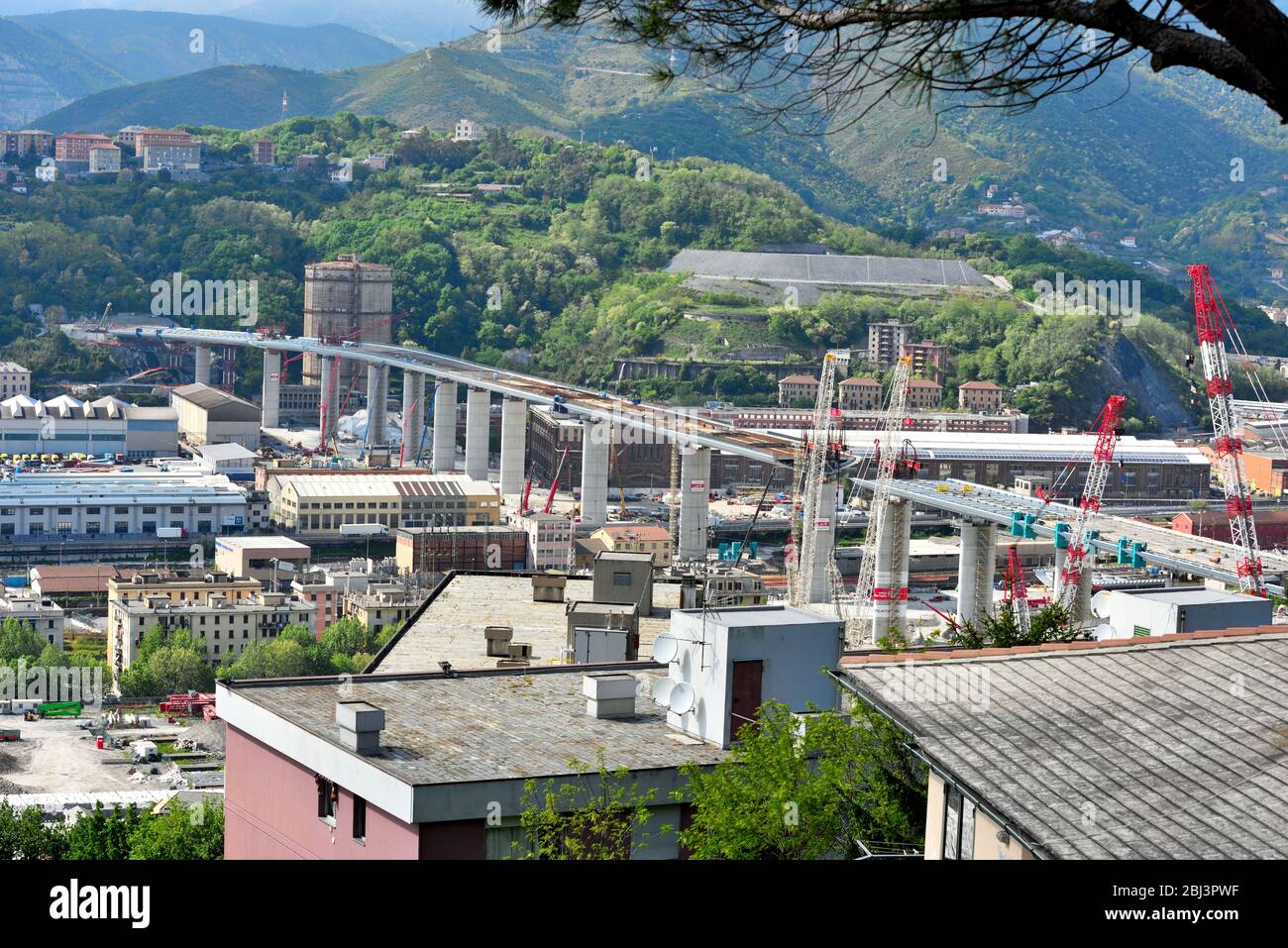latest reconstruction work on the new highway bridge (ex morandi) which collapsed in August 2018 April 26 2020 Genoa Italy Stock Photo