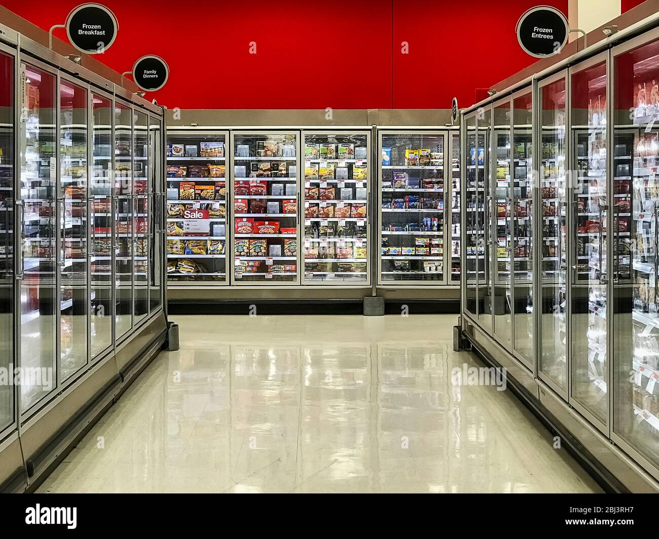 Frozen food section of a supermarket. Stock Photo