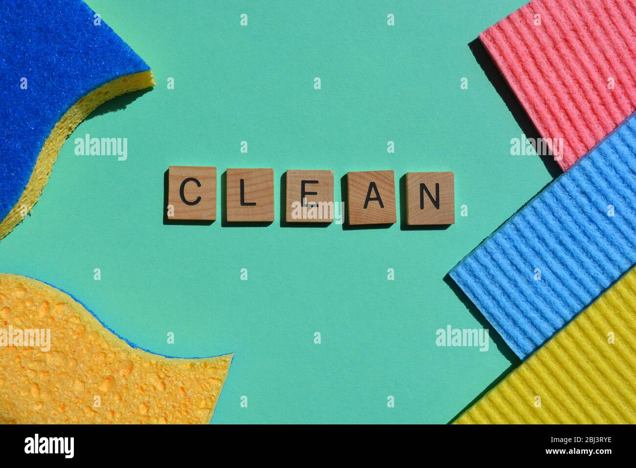 Sponges and the word Clean Stock Photo